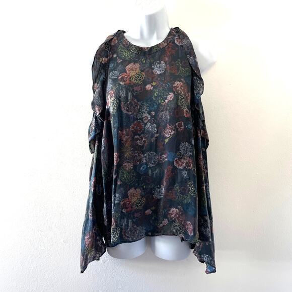 IRO Blouse 36 Small Ciclan Cold Shoulder Antique Dark Floral Silk Bell Sleeve - Picture 2 of 13